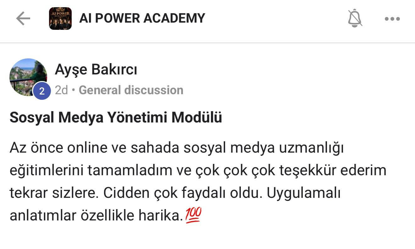 AI Power Academy danışan yorumu - Ayşe Bakırcı