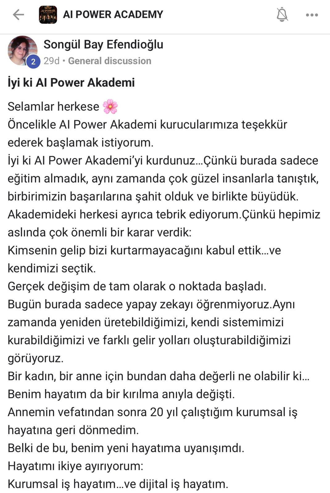 AI Power Academy danışan yorumu - Songül Bay Efendioğlu